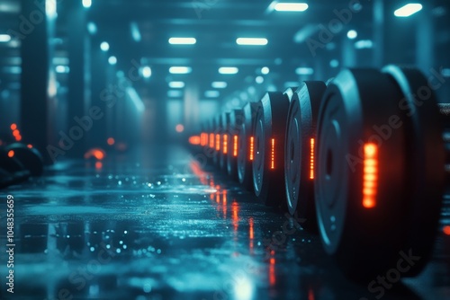 Dumbbells lined up in a dimly lit gym with blue and orange lighting effects i...