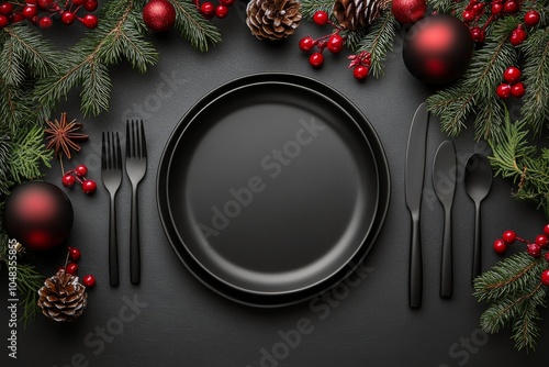 Elegant table setting with black dinnerware and natural elements for a festiv...