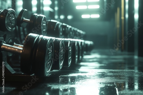 Dumbbells lined up in a dimly lit gym with blue and orange lighting effects i...