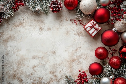 Christmas decor with ornaments, pine branches, and a small gift on a neutral ...