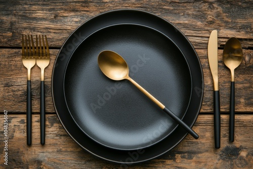 Elegant black dinnerware and gold cutlery arranged beautifully on a rustic wo...