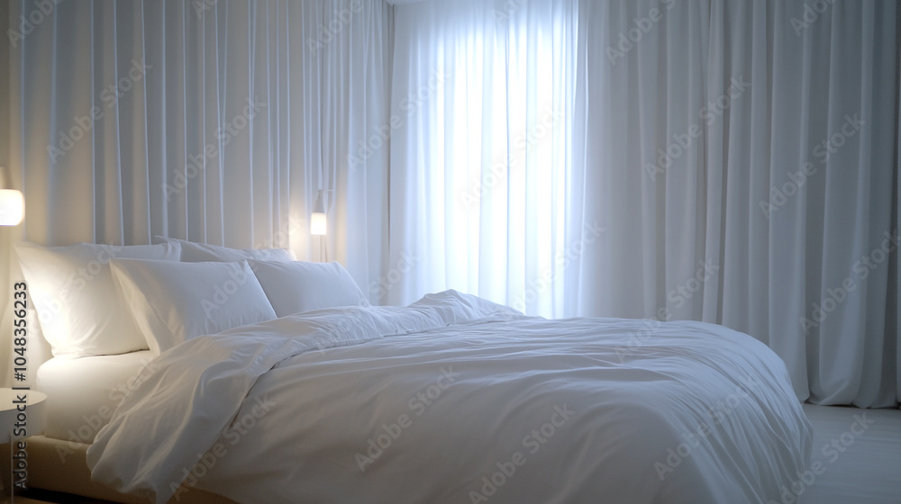 A Serene Bedroom with Crisp White Linens and Soft Lighting A Serene Bedroom with Crisp White Linens and Soft Lighting