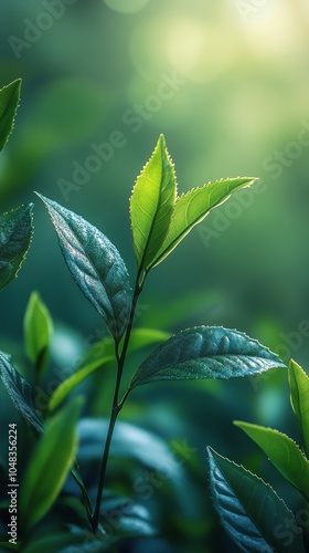 Fresh green leaves shining in the sunlight during a serene morning in nature