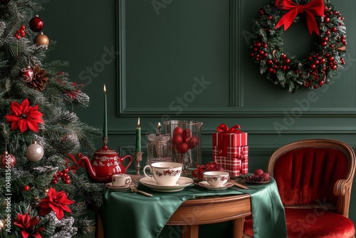 Elegant Christmas table setting with gifts and decorations in a cozy indoor a...