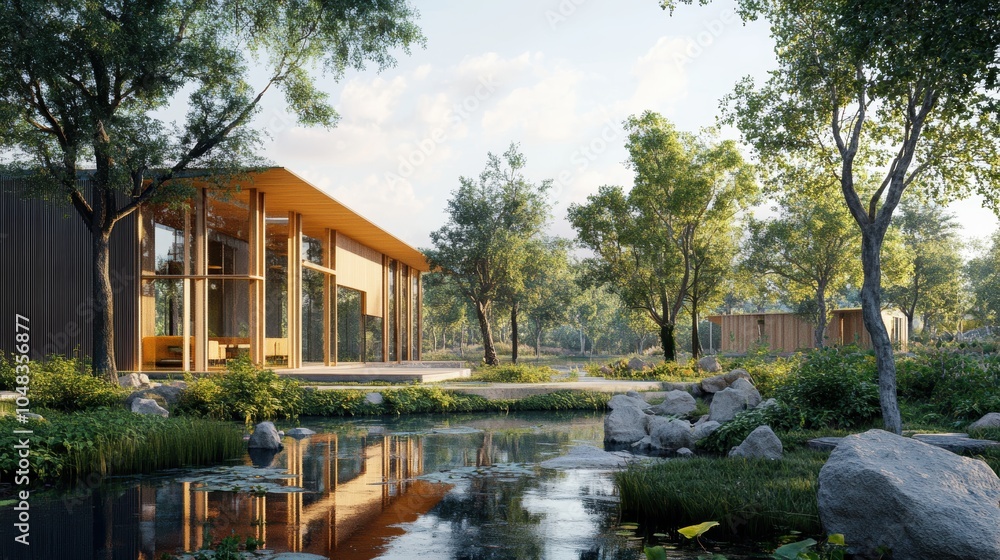 Fototapeta premium Modern house, pond, trees, and rocks.