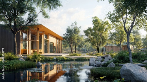 Modern house, pond, trees, and rocks.