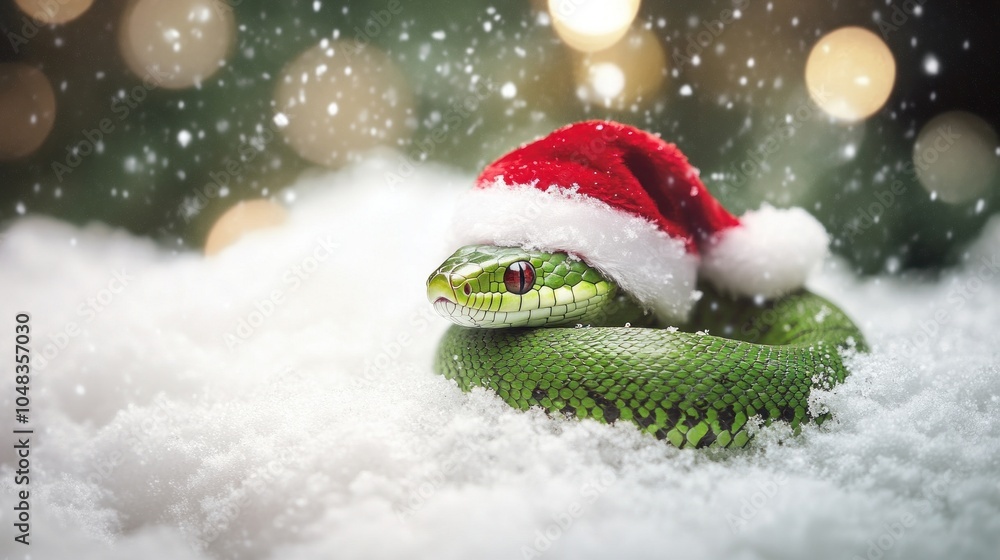 Green snake wrapped in Santa hat resting on snow for New Year 2025. Green snake wrapped in Santa hat resting on snow for New Year 2025.