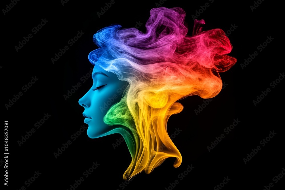 Obraz premium Woman with rainbow colored hair. hair is long, flowing, with each strand of hair having a different color. vibrant smoke figure of a woman's head in profile with rainbow colors on a black background.