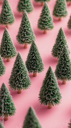 Miniature evergreen trees arranged on a soft pink surface with uniform spacin...