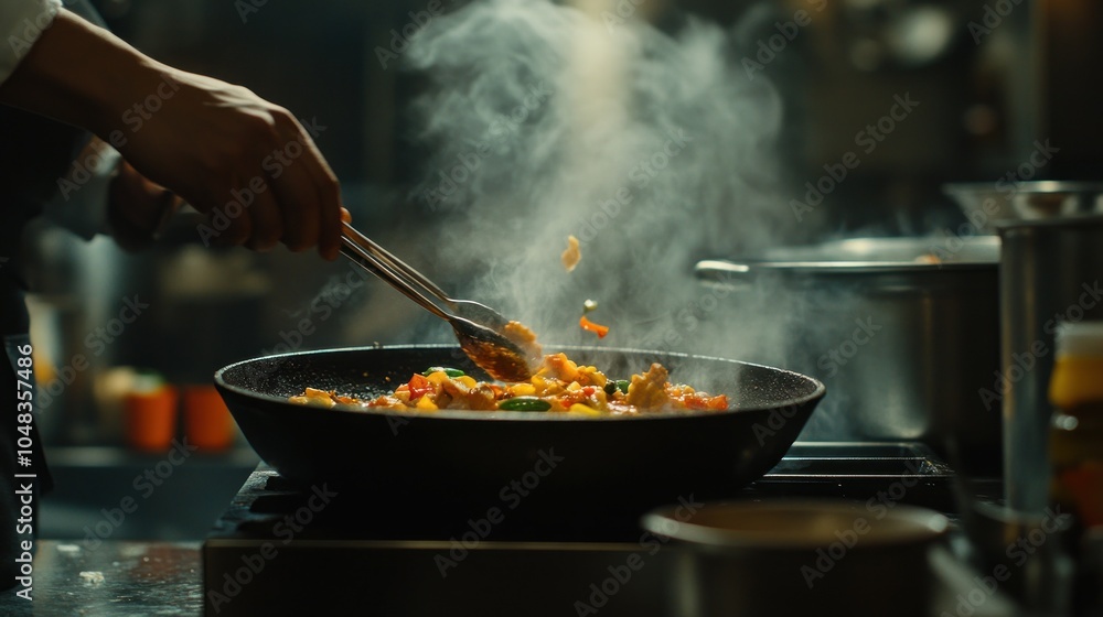 Chef Using Tongs to Stir a Steaming Dish of Food in a Pan