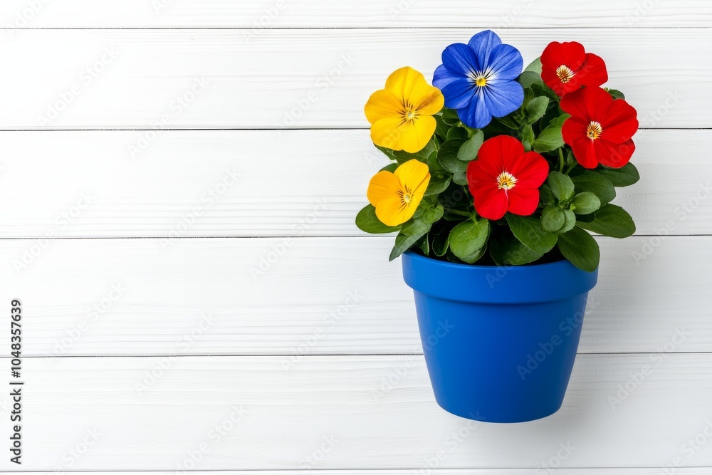 White pot with a colorful bouquet of flowers in it. flowers are purple, yellow. flat lay composition of an office desk with only a small pot of colorful flowers, notebook, white background, top view, White pot with a colorful bouquet of flowers in it. flowers are purple, yellow. flat lay composition of an office desk with only a small pot of colorful flowers, notebook, white background, top view,
