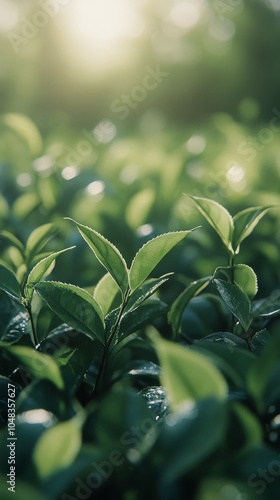 Fresh green leaves shining in the sunlight during a serene morning in nature