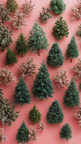 Miniature evergreen trees arranged on a soft pink surface with uniform spacin...