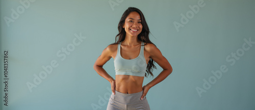 A smiling, fit young Asian woman with long dark hair, wearing a light green sports bra and matching shorts, stands confidently with hands on her hips against a light green background.