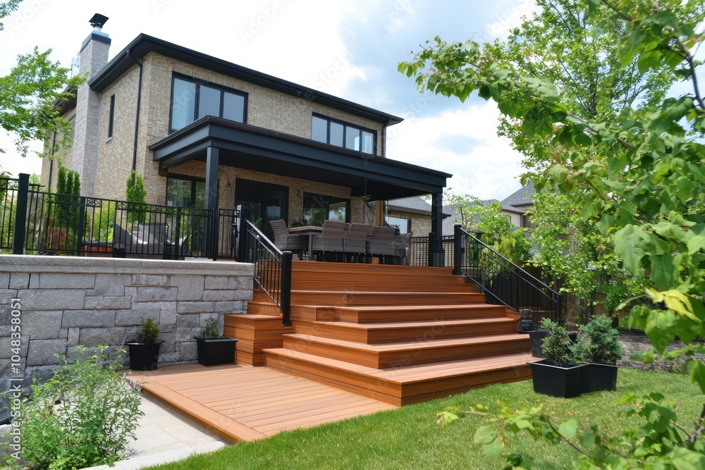 Modern design accentuates the contemporary deck at the back of a house.