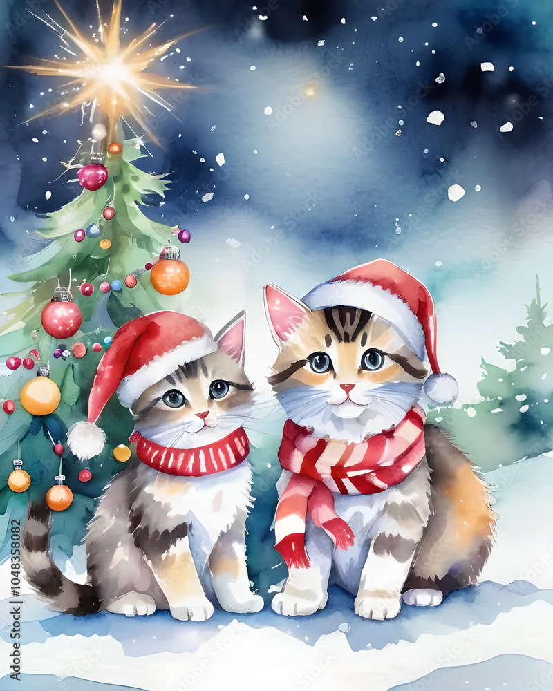 Christmas card with cute happy cats and a Christmas tree. watercolor style
Christmas card with cute happy cats and a Christmas tree. watercolor style