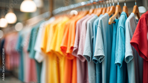 Wallpaper Mural A variety of casual shirts in vibrant colors are neatly hung on wooden hangers, showcasing an organized clothing rack in a retail store, inviting customers to browse. Torontodigital.ca
