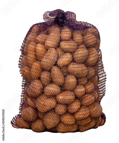 Bag of potatoes on white background. Isolate of mesh bag with potatoes