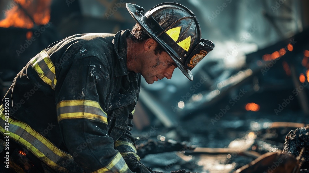 Post-Fire Assessment: A firefighter inspecting a burned structure Post-Fire Assessment: A firefighter inspecting a burned structure