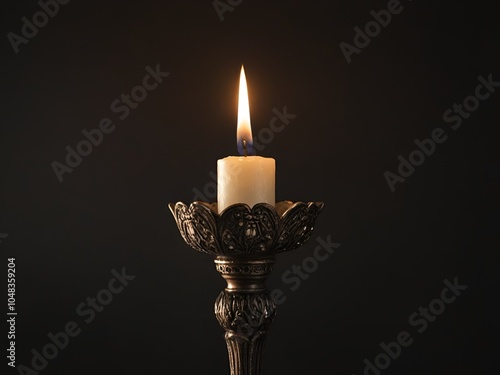 burning white candle in a candlestick in dark background