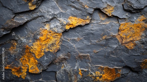 Dark gray slate wall background with yellow and orange rock texture