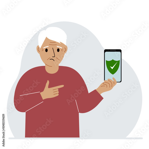 A man holds in his hand a mobile phone on which antivirus software is installed. Vector flat illustration