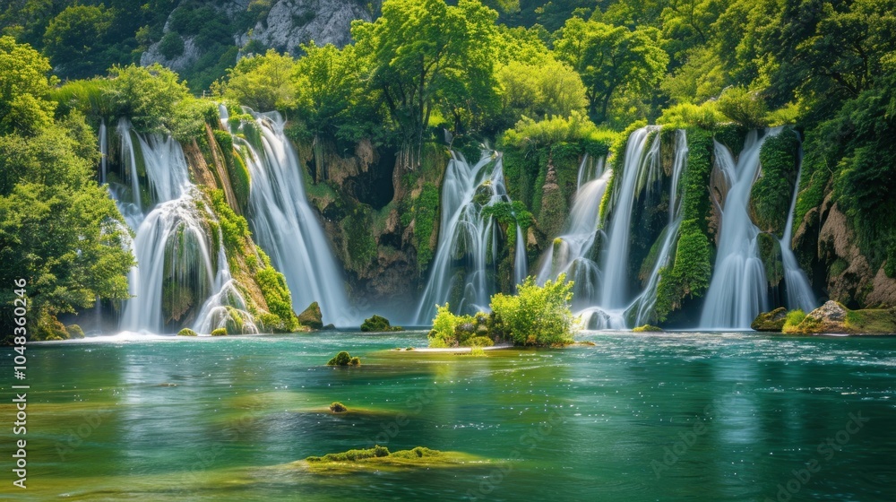 Obraz premium Serene Waterfalls Cascading Through Lush Greenery