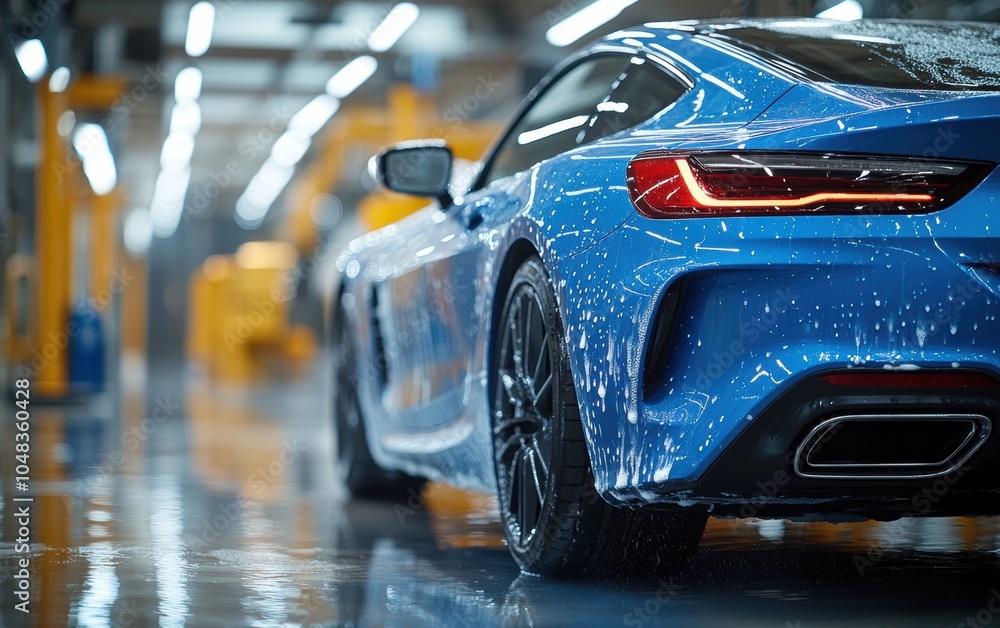 Gleaming Blue: A luxury sports car, freshly soaped, awaits its final rinse. The car wash's sleek floor reflects the vibrant blue. Gleaming Blue: A luxury sports car, freshly soaped, awaits its final rinse. The car wash's sleek floor reflects the vibrant blue.