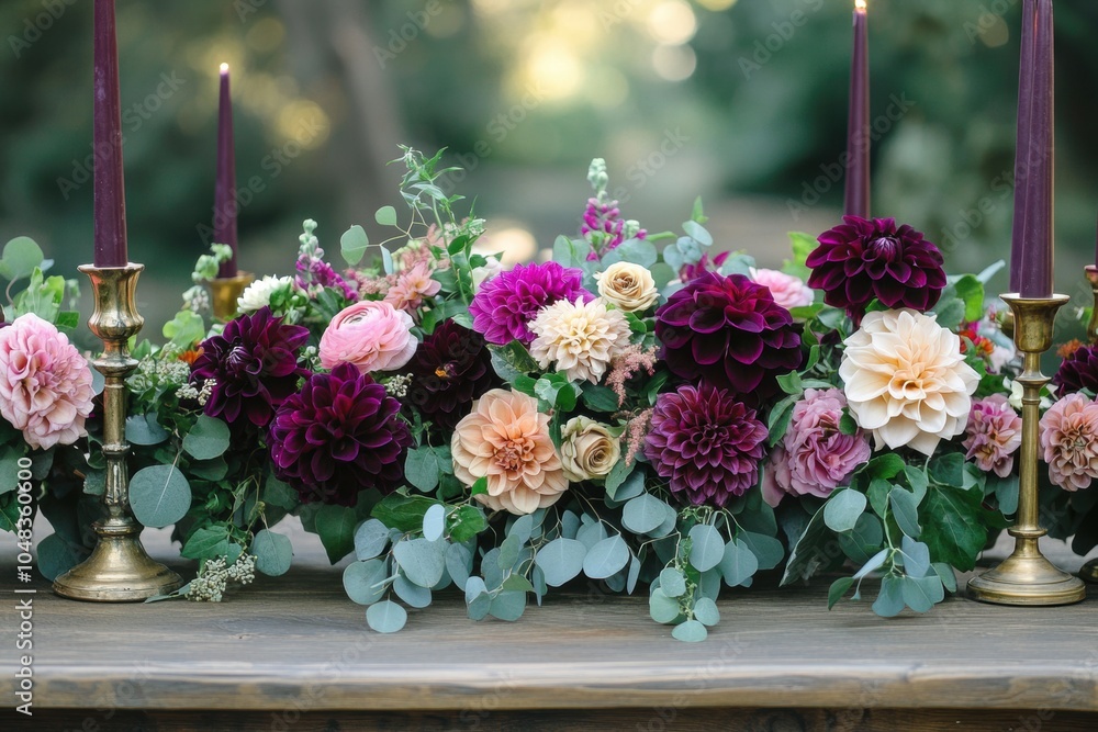 fall wedding table decor, eclectic autumn garden wedding table styling featuring rich dahlias, eucalyptus garlands, and vintage brass candle holders