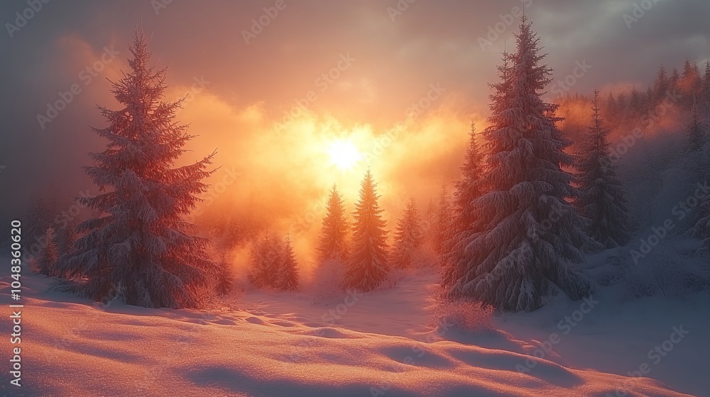 A serene winter landscape at sunset, with snow-covered trees and a warm glow in the background. A serene winter landscape at sunset, with snow-covered trees and a warm glow in the background.