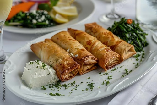 A serving of spanakopita, spinach and feta cheese wrapped in crispy filo pastry, arranged on a white plate