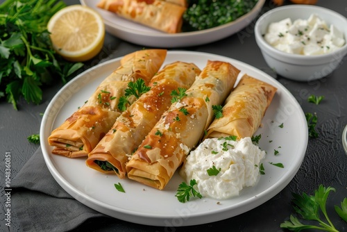 A serving of spanakopita, spinach and feta cheese wrapped in crispy filo pastry, arranged on a white plate