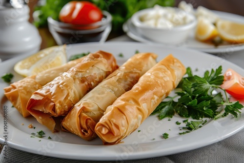 A serving of spanakopita, spinach and feta cheese wrapped in crispy filo pastry, arranged on a white plate