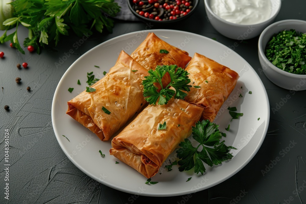A serving of spanakopita, spinach and feta cheese wrapped in crispy filo pastry, arranged on a white plate A serving of spanakopita, spinach and feta cheese wrapped in crispy filo pastry, arranged on a white plate
