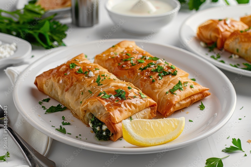 A serving of spanakopita, spinach and feta cheese wrapped in crispy filo pastry, arranged on a white plate A serving of spanakopita, spinach and feta cheese wrapped in crispy filo pastry, arranged on a white plate