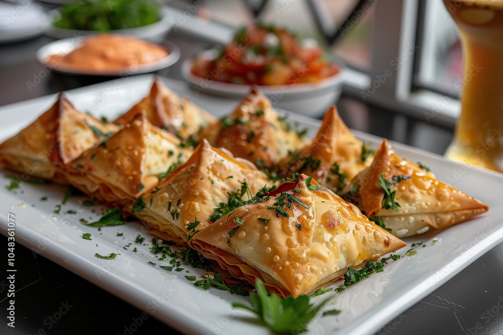 A serving of spanakopita, spinach and feta cheese wrapped in crispy filo pastry, arranged on a white plate A serving of spanakopita, spinach and feta cheese wrapped in crispy filo pastry, arranged on a white plate