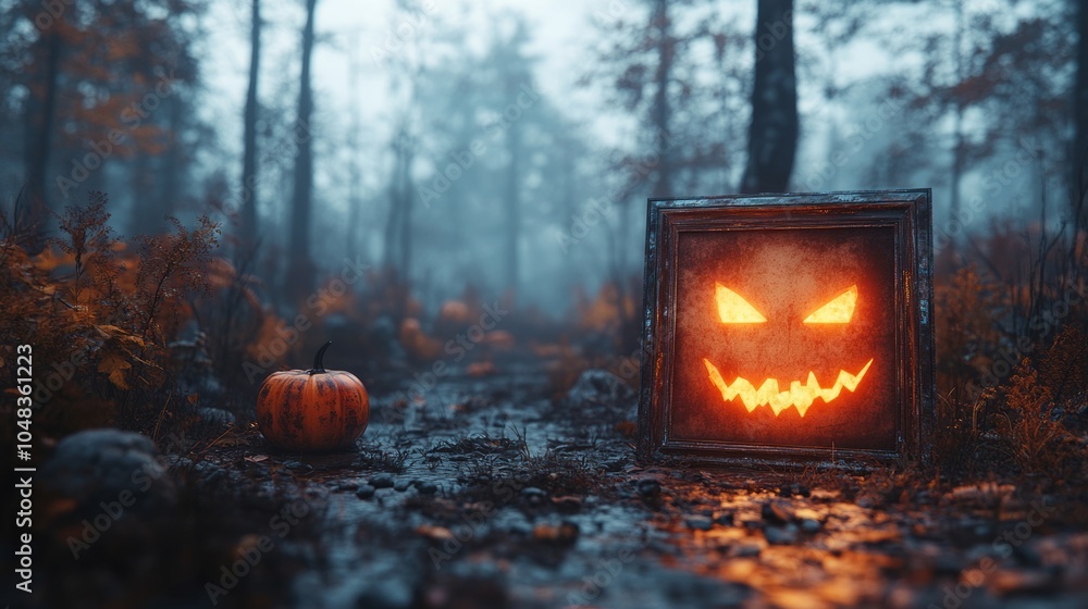 A spooky Halloween scene with a glowing pumpkin and a menacing jack-o'-lantern in a misty forest. A spooky Halloween scene with a glowing pumpkin and a menacing jack-o'-lantern in a misty forest.