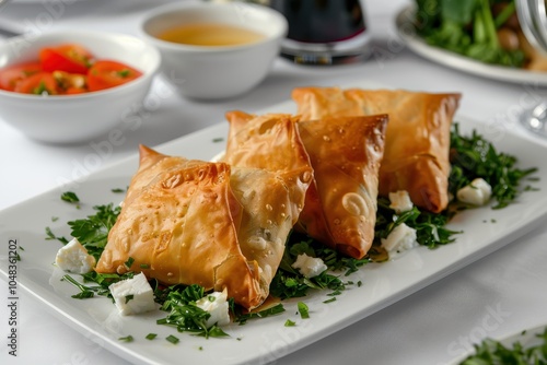 A serving of spanakopita, spinach and feta cheese wrapped in crispy filo pastry, arranged on a white plate