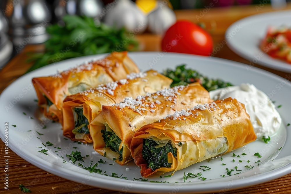 A serving of spanakopita, spinach and feta cheese wrapped in crispy filo pastry, arranged on a white plate A serving of spanakopita, spinach and feta cheese wrapped in crispy filo pastry, arranged on a white plate