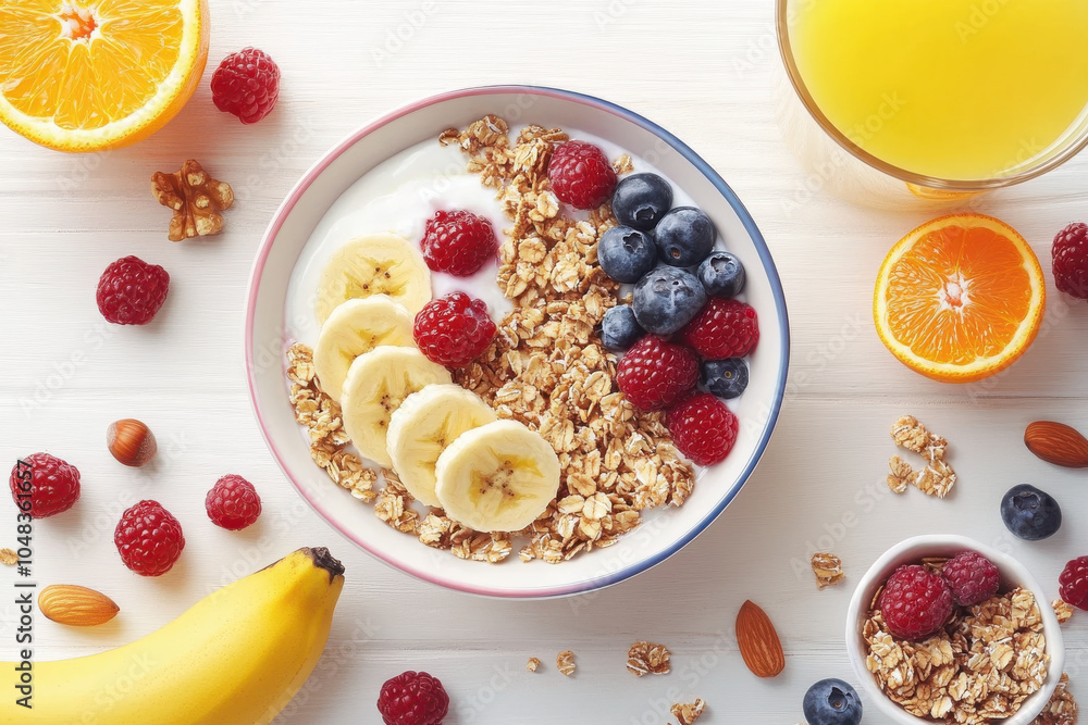 Delicious yogurt bowl topped with granola, banana slices, blueberries, and raspberries, surrounded by fresh fruits and glass of juice, creating vibrant and healthy breakfast Delicious yogurt bowl topped with granola, banana slices, blueberries, and raspberries, surrounded by fresh fruits and glass of juice, creating vibrant and healthy breakfast