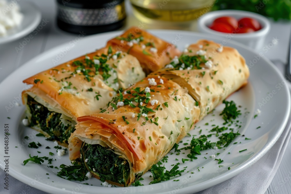 A serving of spanakopita, spinach and feta cheese wrapped in crispy filo pastry, arranged on a white plate
