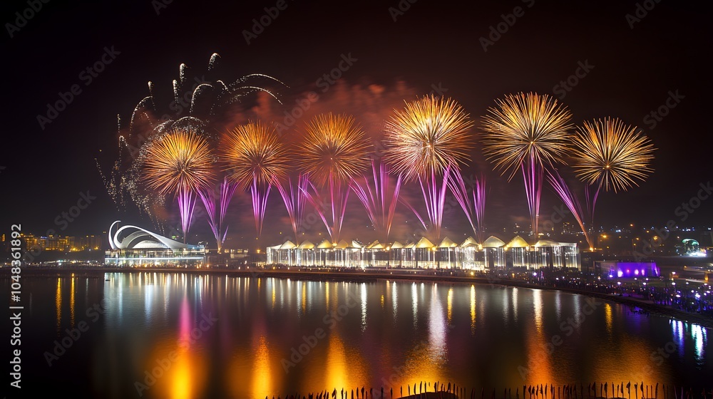 Obraz premium New Year's Eve celebration with colorful fireworks lighting up the night sky over a cityscape
