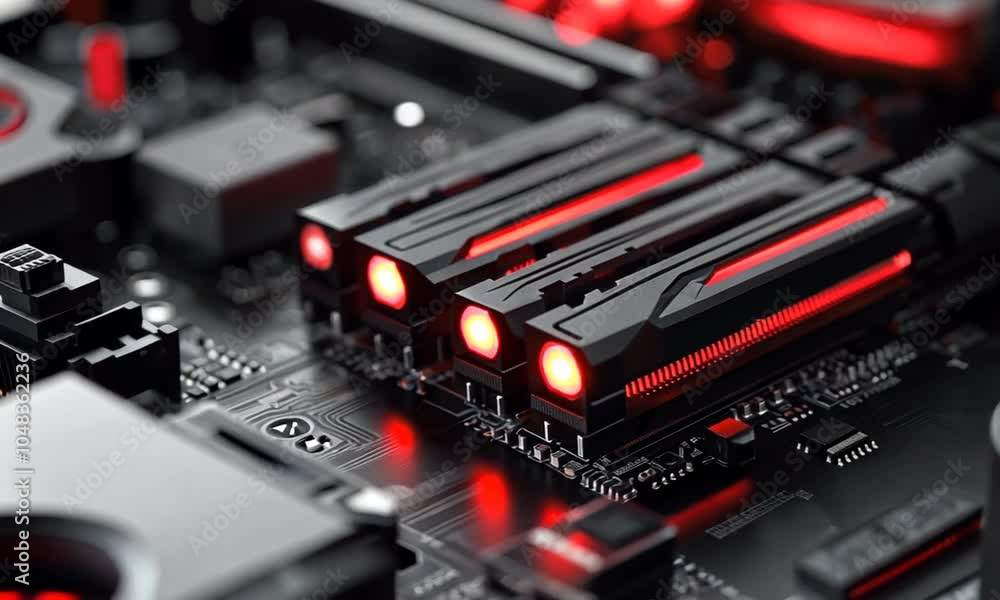 Close-up of a motherboard featuring sleek black components with red LED lights. Close-up of a motherboard featuring sleek black components with red LED lights.
