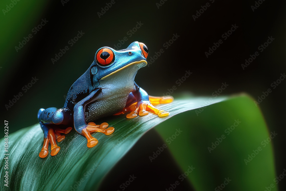 Naklejka premium vibrant blue and orange frog perched on green leaf, showcasing its striking colors and intricate details. This captivating amphibian is stunning example of natures beauty
