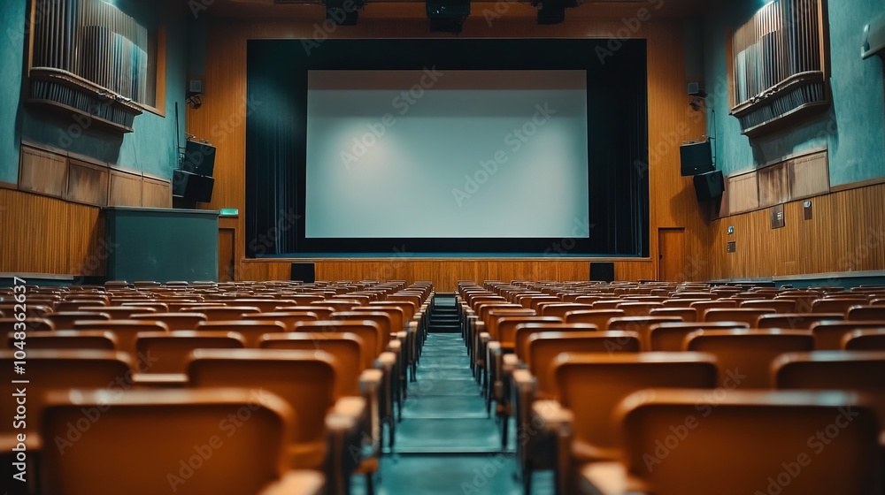 Empty auditorium with a large blank screen and rows of seats Empty auditorium with a large blank screen and rows of seats