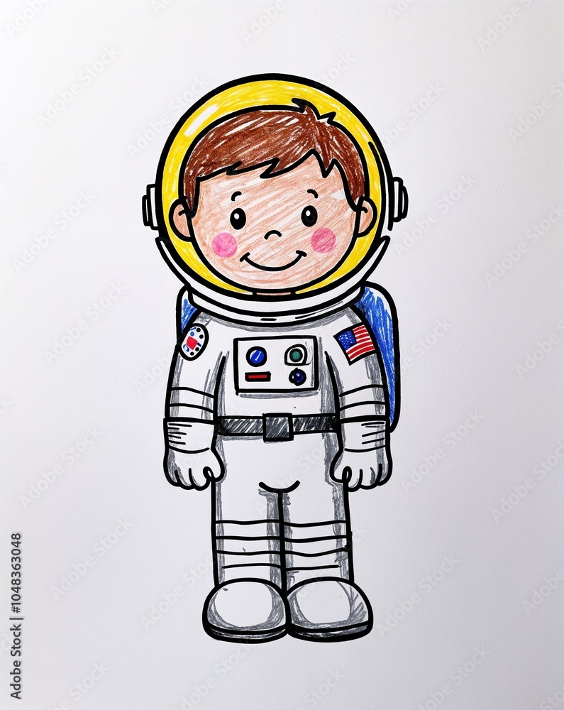 Hand drawing clipart of a boy astronaut wearing a spacesuit and helmet on plain white background Hand drawing clipart of a boy astronaut wearing a spacesuit and helmet on plain white background