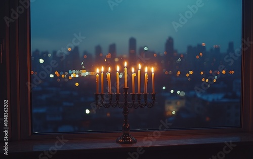 A beautifully lit menorah with candles glowing in a dimly lit room, showcasing a blend of tradition and modernity against a city skyline backdrop. photo