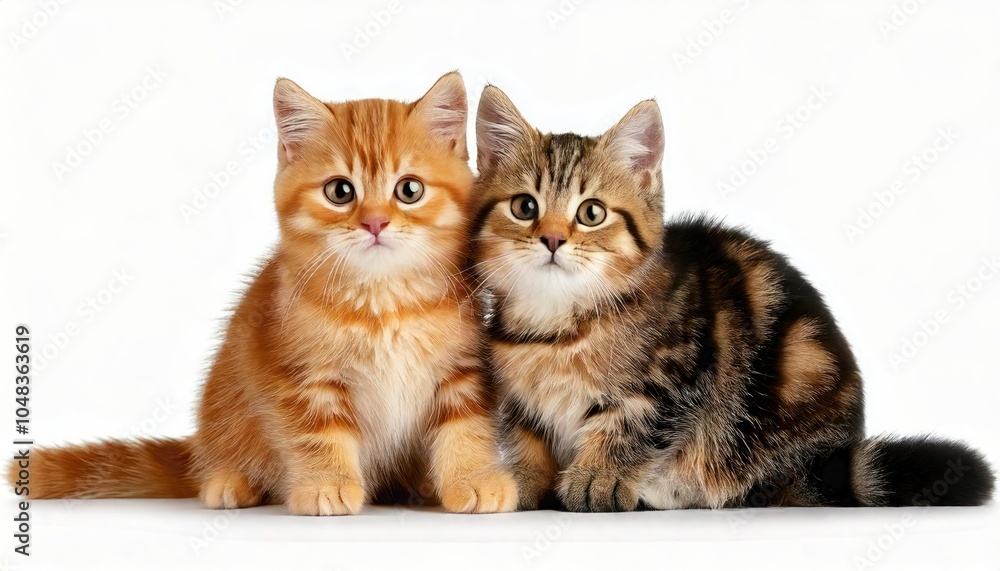 Obraz premium Cute Welsh mushroom kitten and a red kitten are sitting together on a white background.