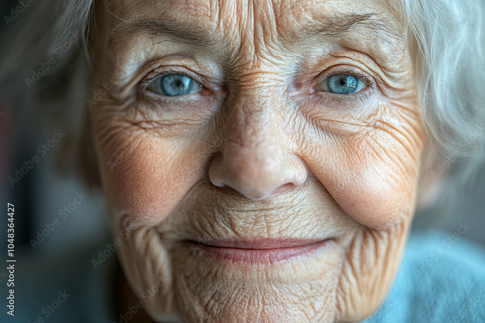Close-up of an elderly woman with a kind smile, showing deep wrinkles and a sense of wisdom Close-up of an elderly woman with a kind smile, showing deep wrinkles and a sense of wisdom