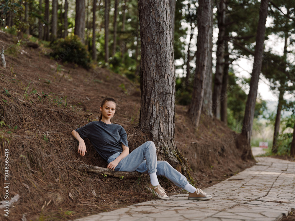Relaxed young woman in comfortable outfit sitting on hillside surrounded by pine trees Emphasizing nature and outdoor leisure activities Relaxed young woman in comfortable outfit sitting on hillside surrounded by pine trees Emphasizing nature and outdoor leisure activities